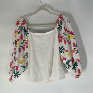 Boston Proper White Blouse with Colorful Floral Embroidery